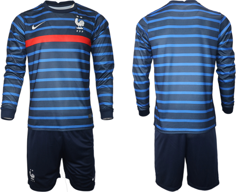 Men 2021 European Cup France home blue Long sleeve Soccer Jersey->france jersey->Soccer Country Jersey
